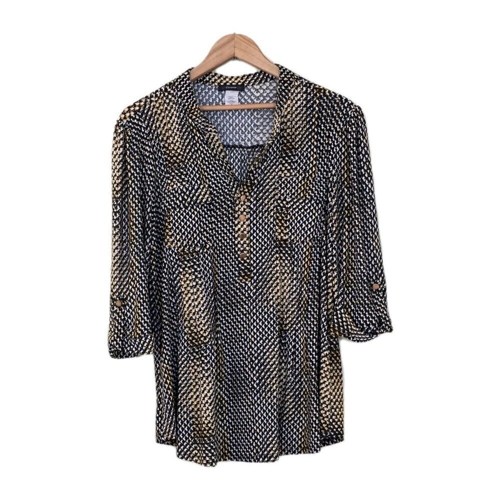 Cocomo Tunic Top Womens M Yellow Black White Henley 3/4 Roll Tab Sleeves Pintuck